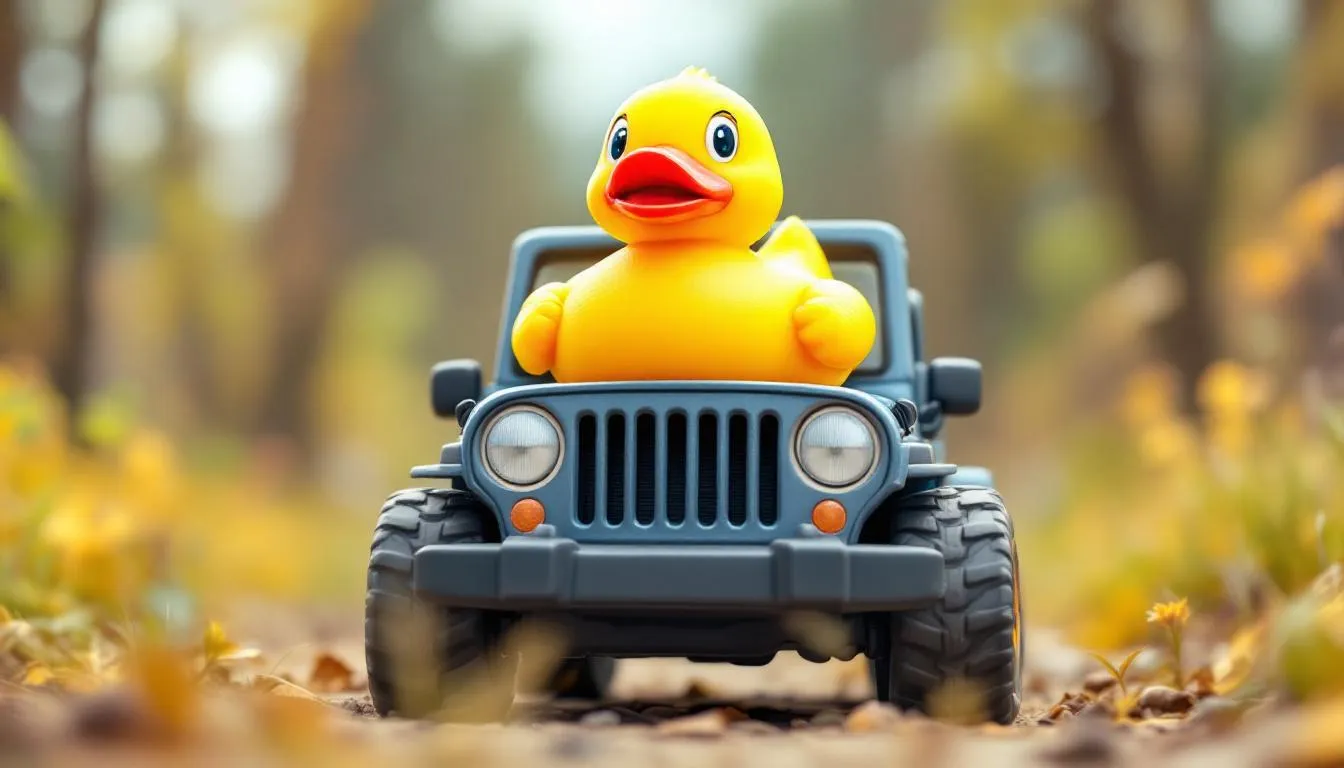 A close-up of a rubber duck placed on a jeep, representing the meaning behind jeep ducking.