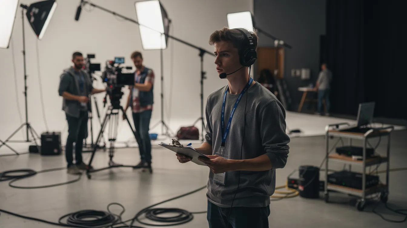 Auf dem Bild sind junge Crewmitglieder an einem Filmset zu sehen, wobei eine Person mit Headset und Klemmbrett konzentriert auf ihre Aufgaben schaut. Im Hintergrund ist diverses Filmequipment sichtbar, das Teil des kreativen Prozesses in der Filmproduktion ist.