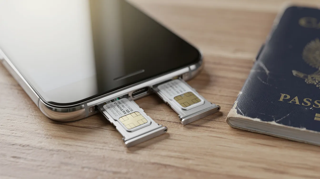 A close-up view of a dual-SIM smartphone showcasing two SIM trays, positioned on a wooden desk alongside a passport, highlighting the convenience of international travel and communication for GCash users. This setup represents accessible financial products that simplify cross-border transactions for travelers.