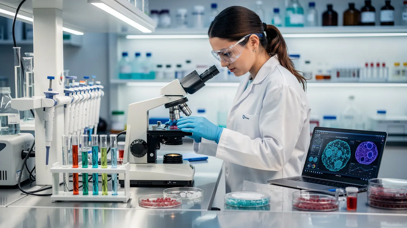 A scientist is seen in a modern laboratory, intently analyzing biological samples under advanced scientific equipment, reflecting the cutting-edge research in longevity science and cellular health. The environment suggests a focus on healthy aging and the aging process, potentially exploring the effects of anti-aging supplements like vitamin C and vitamin D on biological age and overall health.