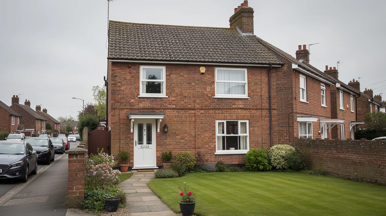 The image depicts a charming brick semi-detached house situated on a tranquil suburban street in the UK, featuring a lush green front garden. This inviting property could be ideal for home movers considering various mortgage options, including fixed rate mortgages or offset mortgages, to help them climb the property ladder.