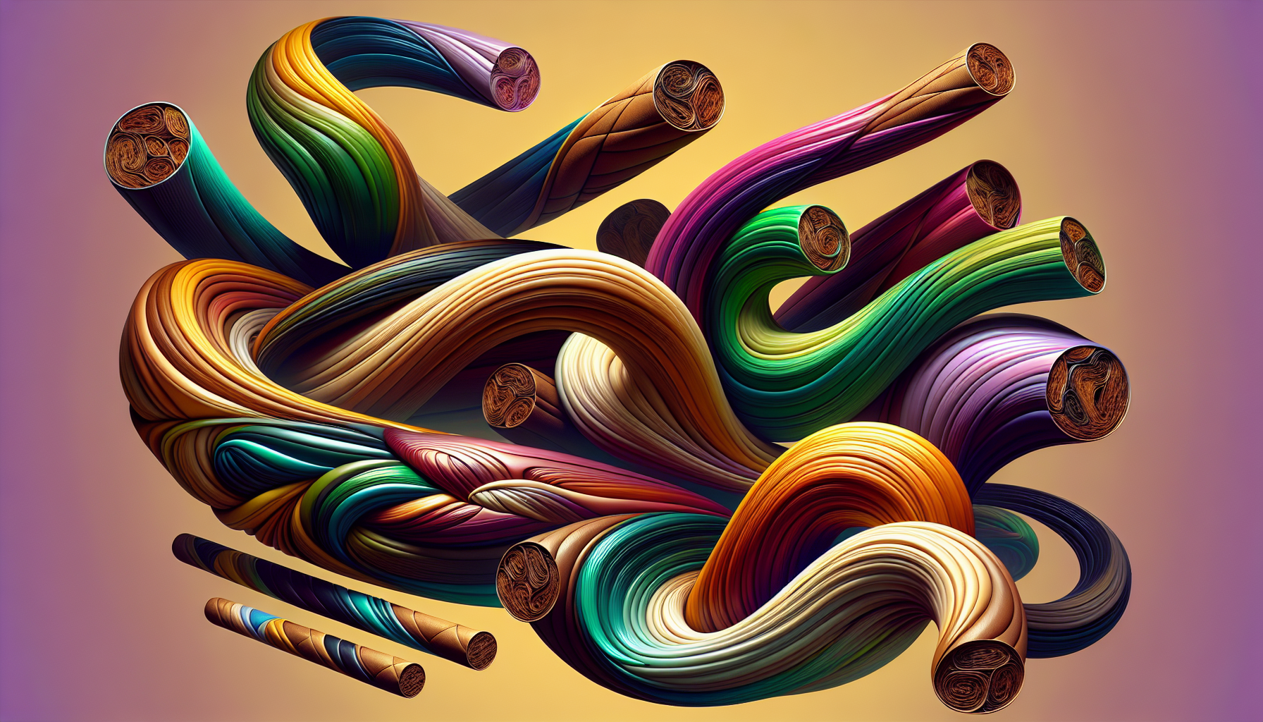 An artistic representation of various warped cigars showcasing their unique shapes and colors.