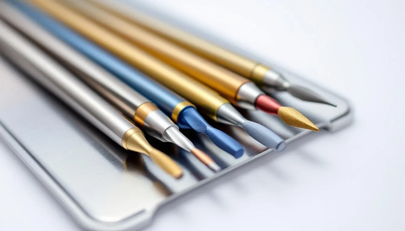 Image of a clean dental tray neatly arranged with various endodontic rotary files, showcasing their different lengths and tapers. The rotary files, designed for flexibility and control, are ready for use in dental procedures.
