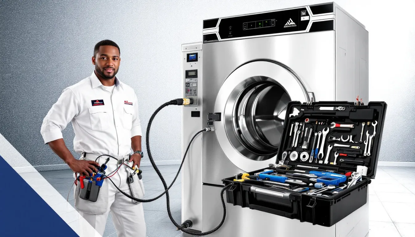 A technician performing appliance repair services on Alliance Laundry Systems equipment.