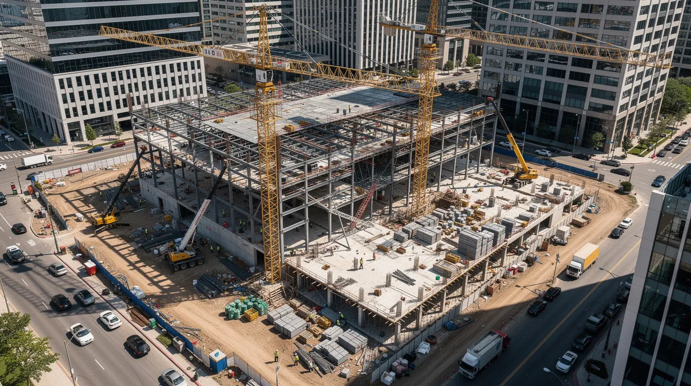 An aerial view of a large commercial construction site in an urban setting showcases steel framing and cranes actively working, highlighting the complexity of new construction projects. This bustling environment emphasizes the critical role of contractors and subcontractors in managing labor costs and ensuring project profitability amidst budget constraints.