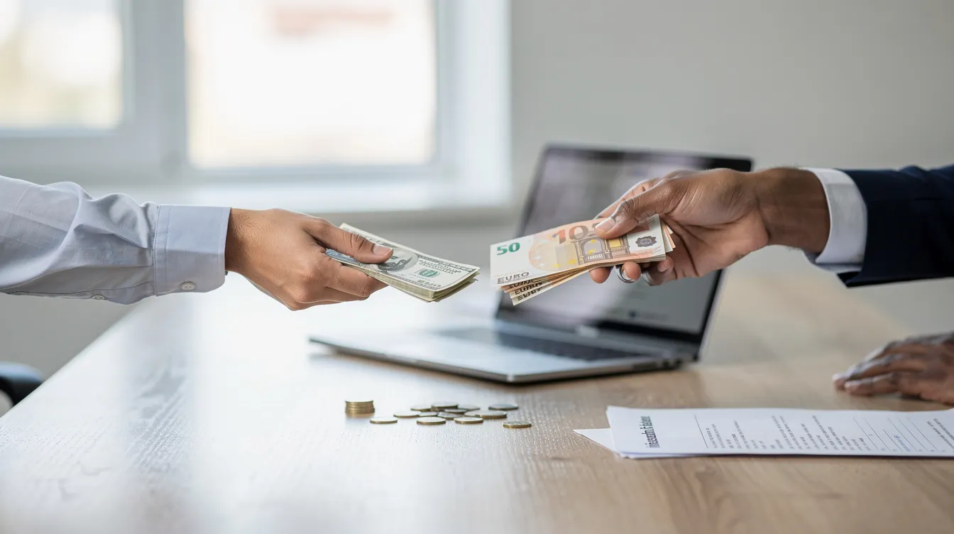 The image depicts two hands exchanging paper currency across a table, symbolizing the process of international money transfers. This visual representation highlights the act of sending money between individuals, emphasizing the importance of cost-effective solutions for payments through services like DBS Bank.
