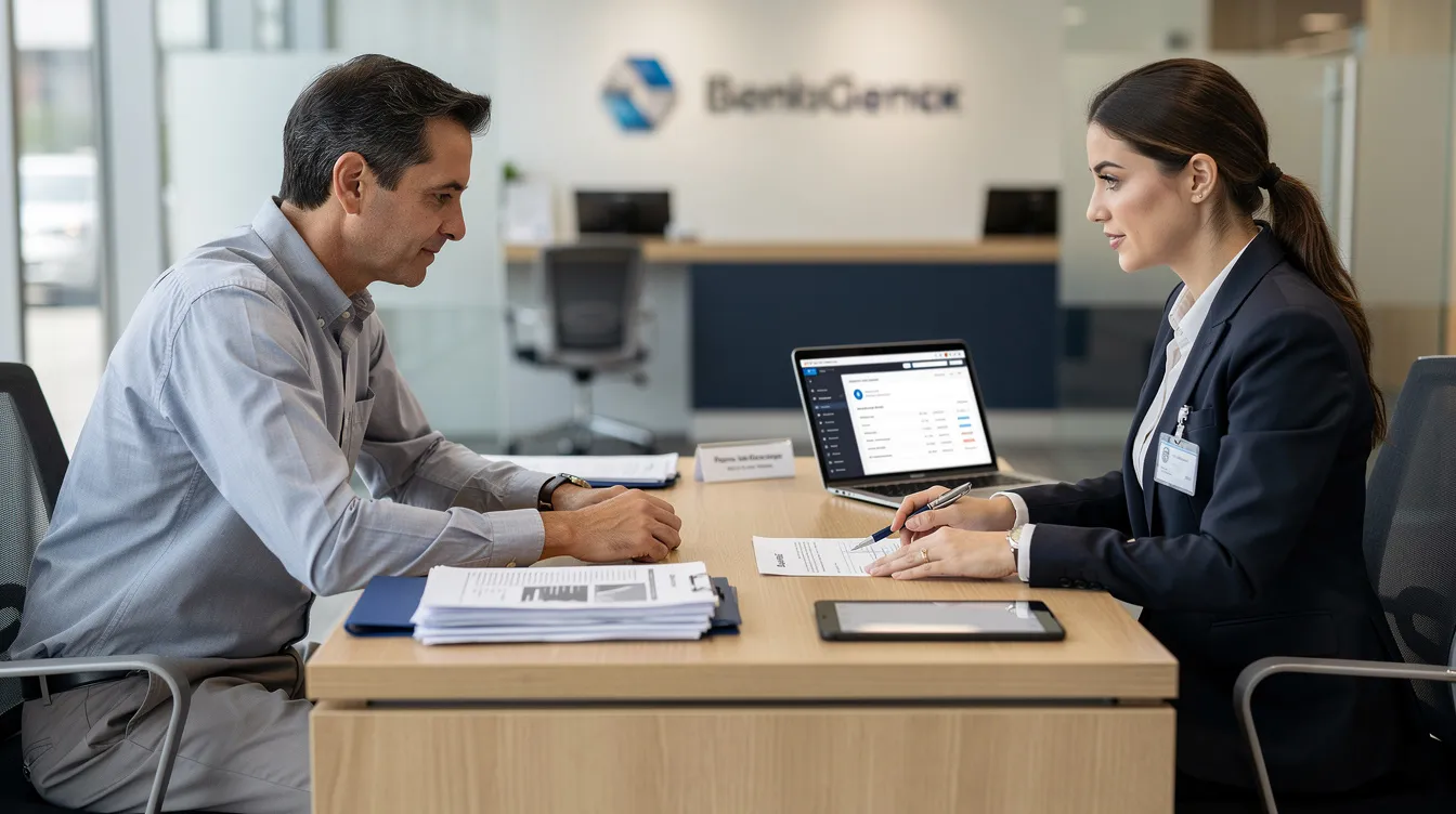 a76583af cdf1 423f b19c e98545191de2 A small business owner is seated at a bank branch desk, engaging in a discussion with a bank officer about paperwork related to their mudra loan application. The conversation likely involves evaluating the business's repayment capacity and credit history to determine eligibility for financial assistance under the Pradhan Mantri Mudra Yojana.