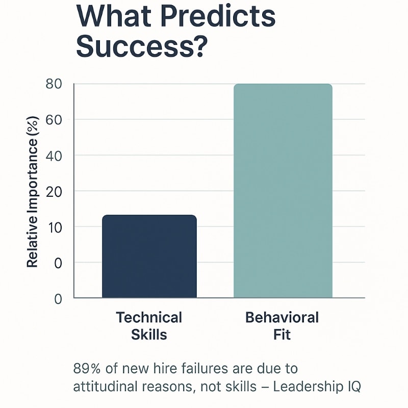 A minimalist bar chart titled "What Predicts Success?" compares the relative importance of technical skills (30%) and behavioral fit (70%) in predicting job performance. The chart features a white background, clean sans-serif font, and two bars: one in deep navy for technical skills and one in soft teal for behavioral fit. Below the chart is a citation: “89% of new hire failures are due to attitudinal reasons, not skills – Leadership IQ.” ChatGPT fragen