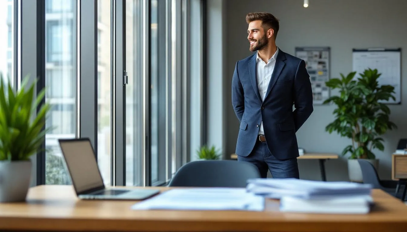 The image depicts a confident small business owner smiling proudly after successfully securing financing through invoice factoring, showcasing their ability to improve cash flow and manage unpaid invoices during challenging times. This success highlights the importance of working with factoring companies like Porter Capital, which offers flexible financing options for small businesses.