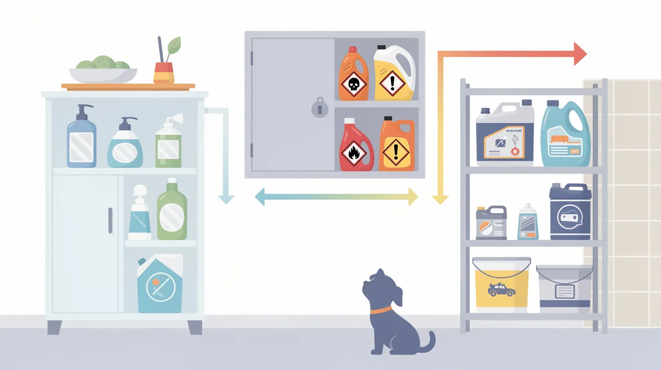 Illustration of properly segregated household chemicals emphasizing safe storage of hazardous chemicals.