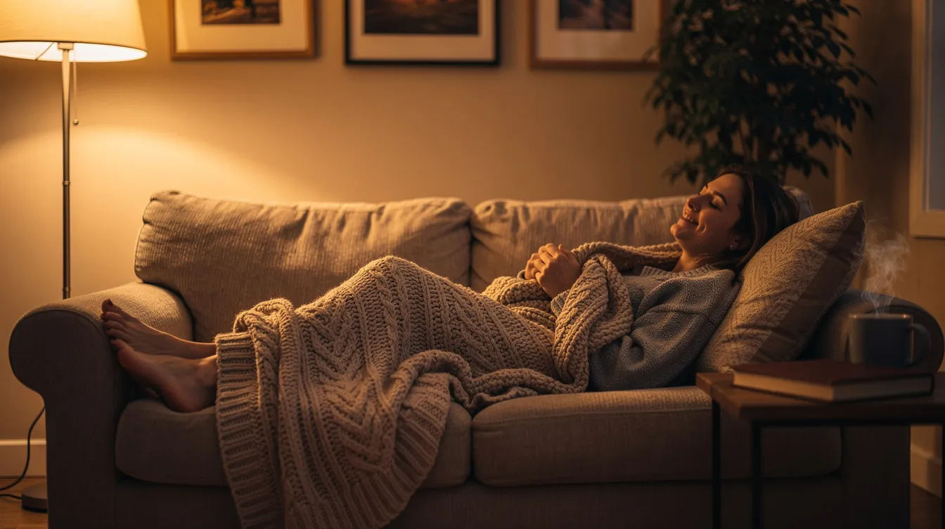 A person is comfortably relaxing on a couch, wrapped in a cozy blanket, illuminated by warm evening lamplight, creating a serene atmosphere perfect for enjoying the calming effects of the blackberry kush strain. The scene evokes a sense of deep relaxation, ideal for unwinding after a long day.
