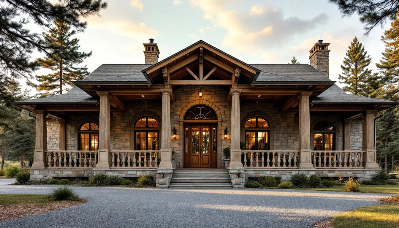 The image features a charming ranch house with a stone facade and a spacious wraparound porch supported by elegant columns. Inside, the design includes cathedral ceilings and a giant stone fireplace, creating inviting living spaces perfect for entertaining and relaxing.