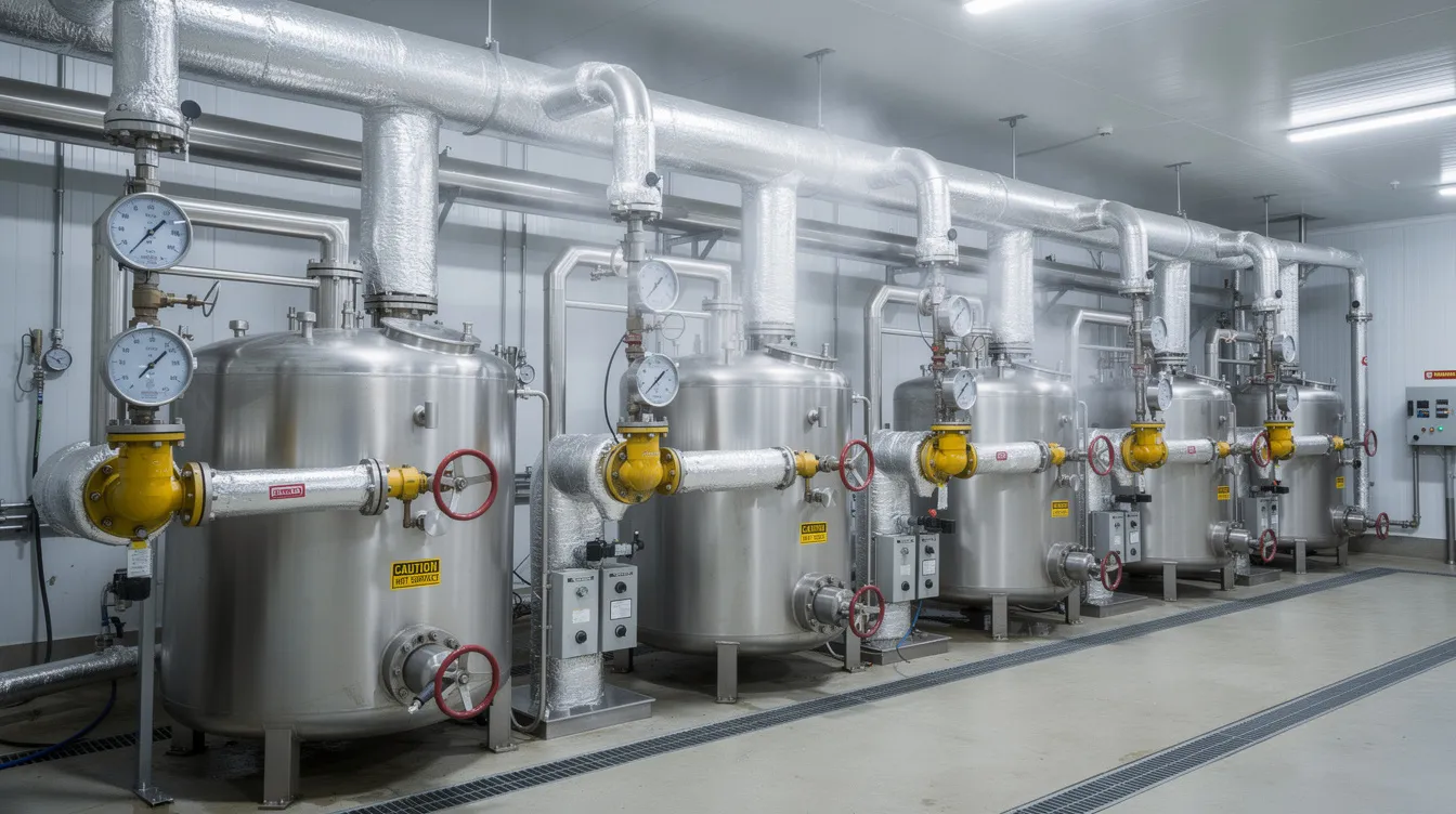 The image depicts an industrial boiler room within a dairy processing plant, featuring steam pipes and pressure gauges essential for the processing of raw milk into various dairy products. The environment emphasizes the machinery and infrastructure required for efficient milk processing and quality assurance in the dairy industry.