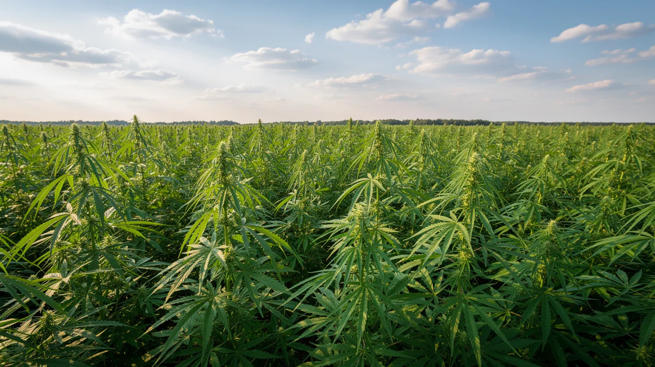 A wide view of a lush green hemp field stretches under a bright blue sky dotted with fluffy white clouds. This image highlights the thriving hemp industry, which produces hemp derived products that may include potentially intoxicating hemp products, reflecting the legal status of hemp and marijuana plants in various states, including Maine.