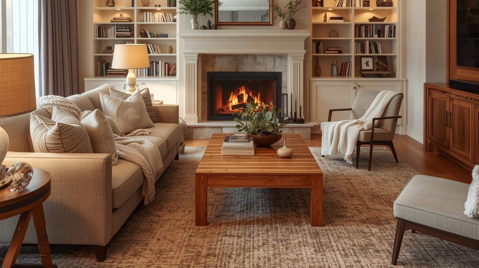 Warm and cosy living room with a fire place and built-in shelves