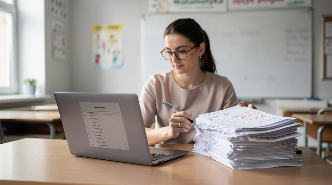 Na obrazku widać nauczycielkę siedzącą przy biurku, która sprawdza prace uczniów, otoczona stosem wydrukowanych testów i laptopem. W tle znajduje się stara szafa, co może przywoływać skojarzenia z "opowieściami z Narnii".
