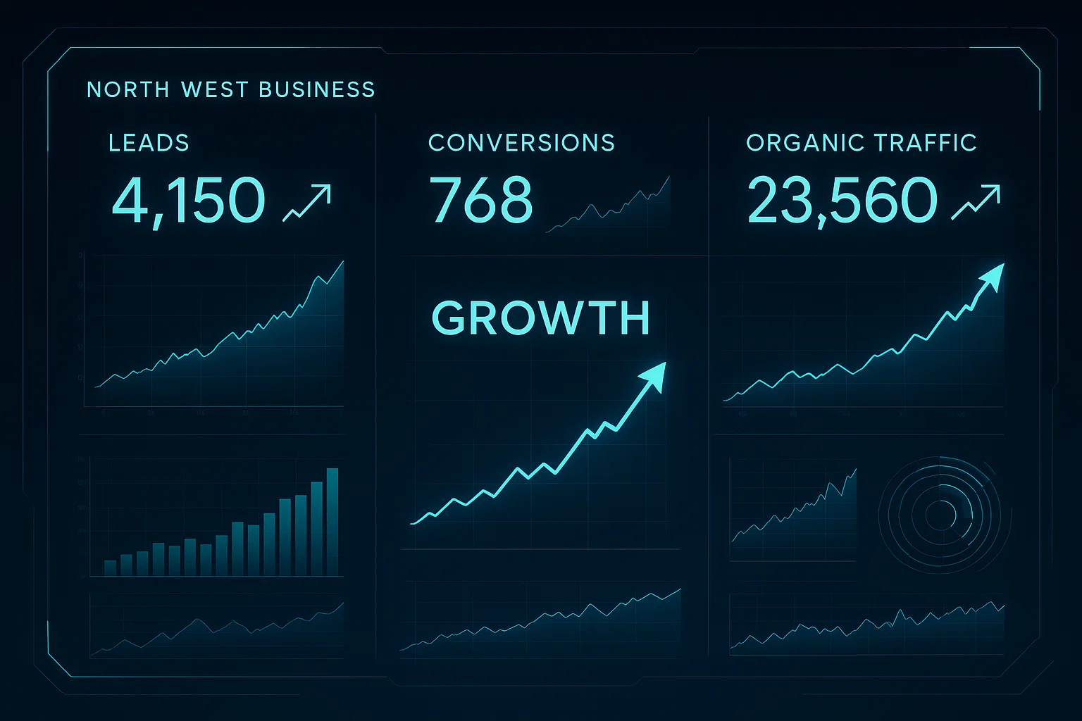 Digital dashboard showing SEO growth metrics like leads and traffic, highlighting long-term business benefits.