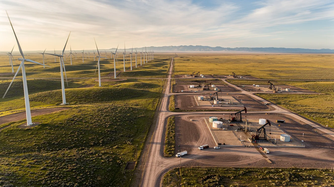An aerial view captures a vast western landscape featuring a wind farm juxtaposed with traditional oil and gas well pads, highlighting the coexistence of renewable energy and oil and gas operations. This scene reflects the diverse energy interests, including both renewable and fossil fuel resources, often seen in regions rich with oil and gas properties.