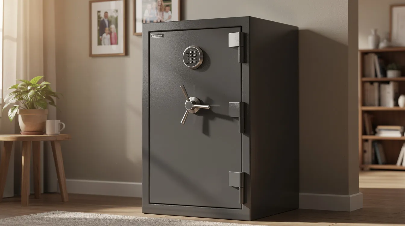 The image shows a sturdy metal gun safe with a combination lock, positioned in a home environment, emphasizing the importance of gun safety laws and secure household gun ownership. This safe serves as a reminder of the need to regulate firearms responsibly in accordance with state law, particularly in areas like West Virginia.