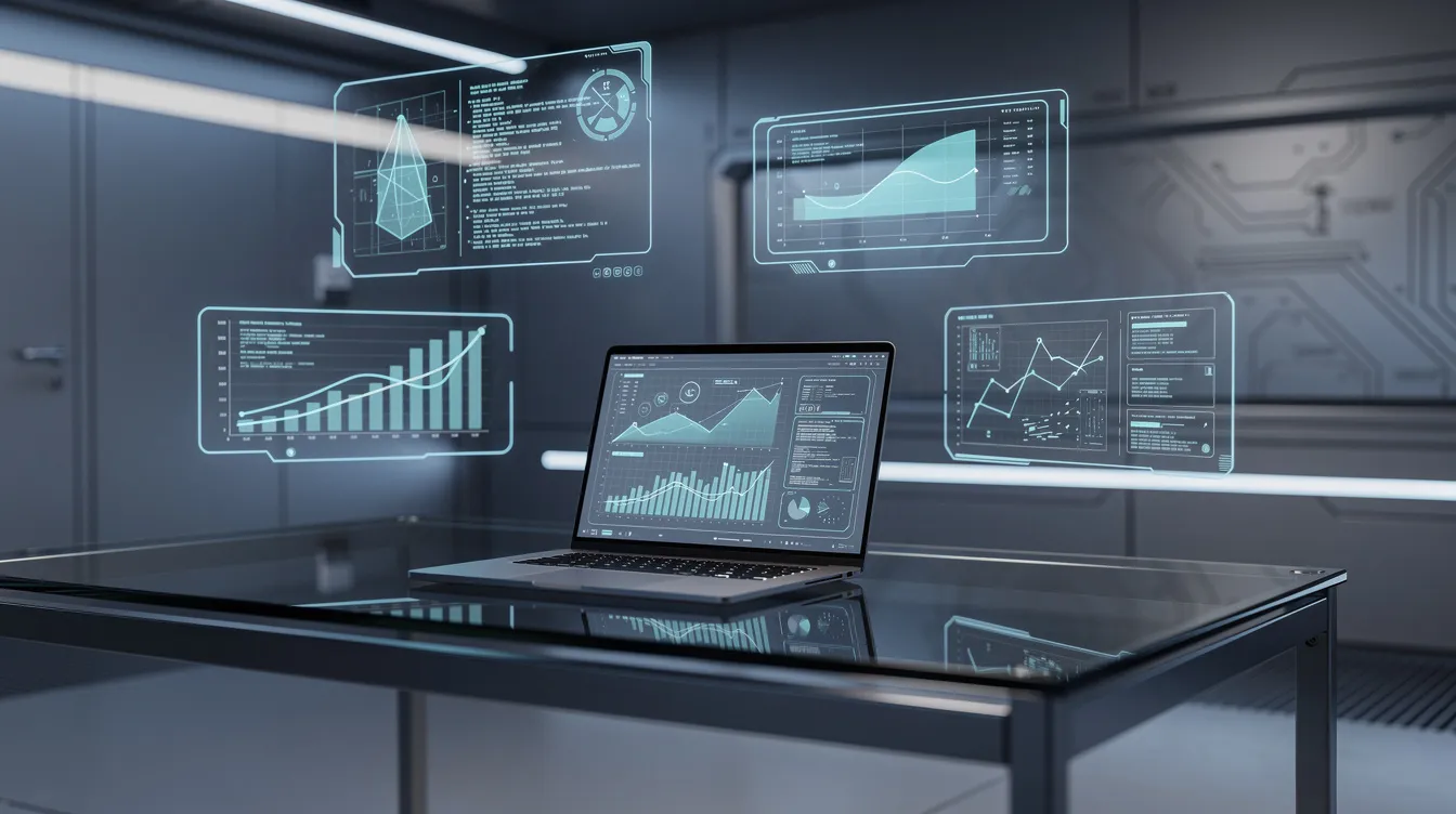 The image depicts a futuristic workspace featuring holographic displays and a sleek laptop, all illuminated by ambient blue lighting that conveys a sense of advanced technology. This modern setting suggests a focus on digital marketing strategies, where digital marketers can effectively engage with their target audience through innovative digital channels.