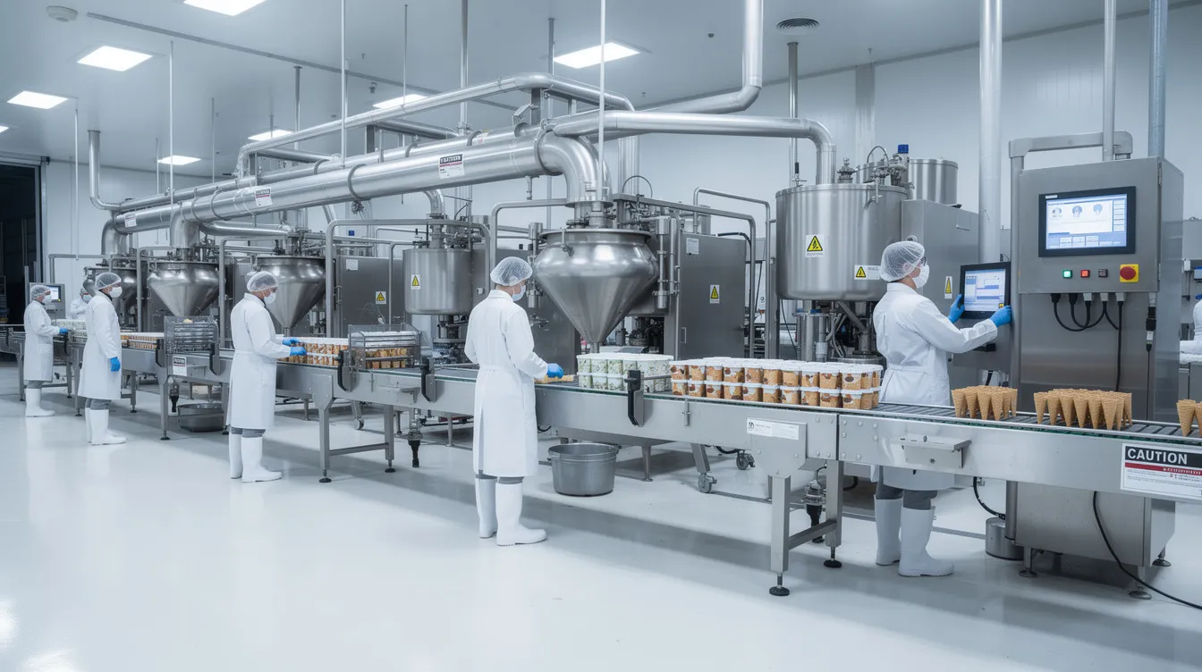 a7701584 d657 4fbe 9b42 390d9a18822e The image depicts an industrial ice cream production facility featuring automated processing lines, where workers in protective gear are engaged in the ice cream manufacturing process. This environment highlights the operational efficiency and advanced ice cream equipment used to produce premium frozen desserts.