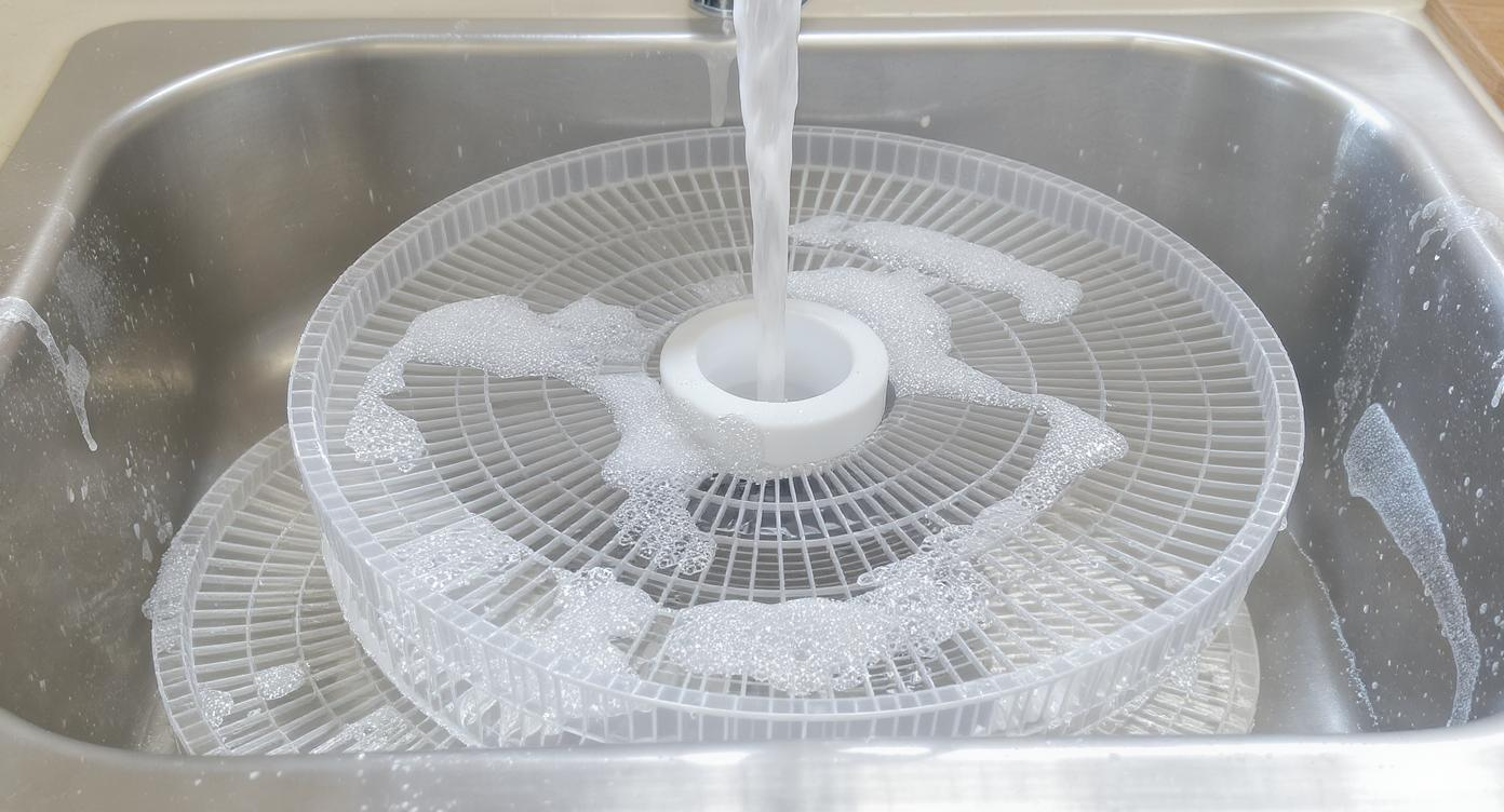 In the image, food dehydrator trays are submerged in a sink filled with soapy water, with bubbles forming around the trays as they are being washed. The scene captures the process of cleaning after using the dehydrator for various fruits and vegetables, highlighting the importance of maintaining the equipment for optimal use.