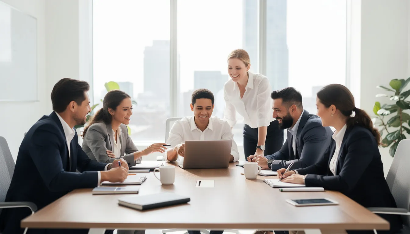 A professional team of web designers collaborates around a laptop in a modern office, discussing the design process and strategies for effective website design. They embody the essence of a good web design agency, focused on business growth and seamless user experience.