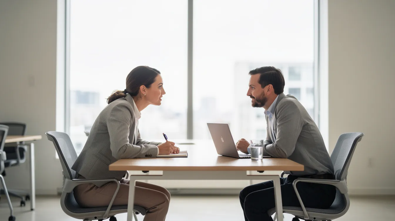 Deux professionnels sont assis face à face dans un bureau lumineux, engagés dans une conversation approfondie sur le développement de leur entreprise. Cette interaction illustre l'importance du coaching professionnel pour surmonter des blocages et atteindre des objectifs, favorisant ainsi la croissance et l'évolution des dirigeants et de leurs équipes.