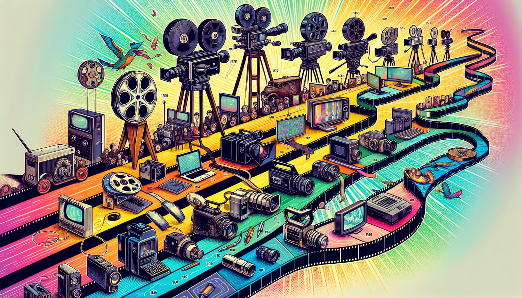 An illustration depicting the evolution of corporate video production over the years, showcasing various video formats and technologies.