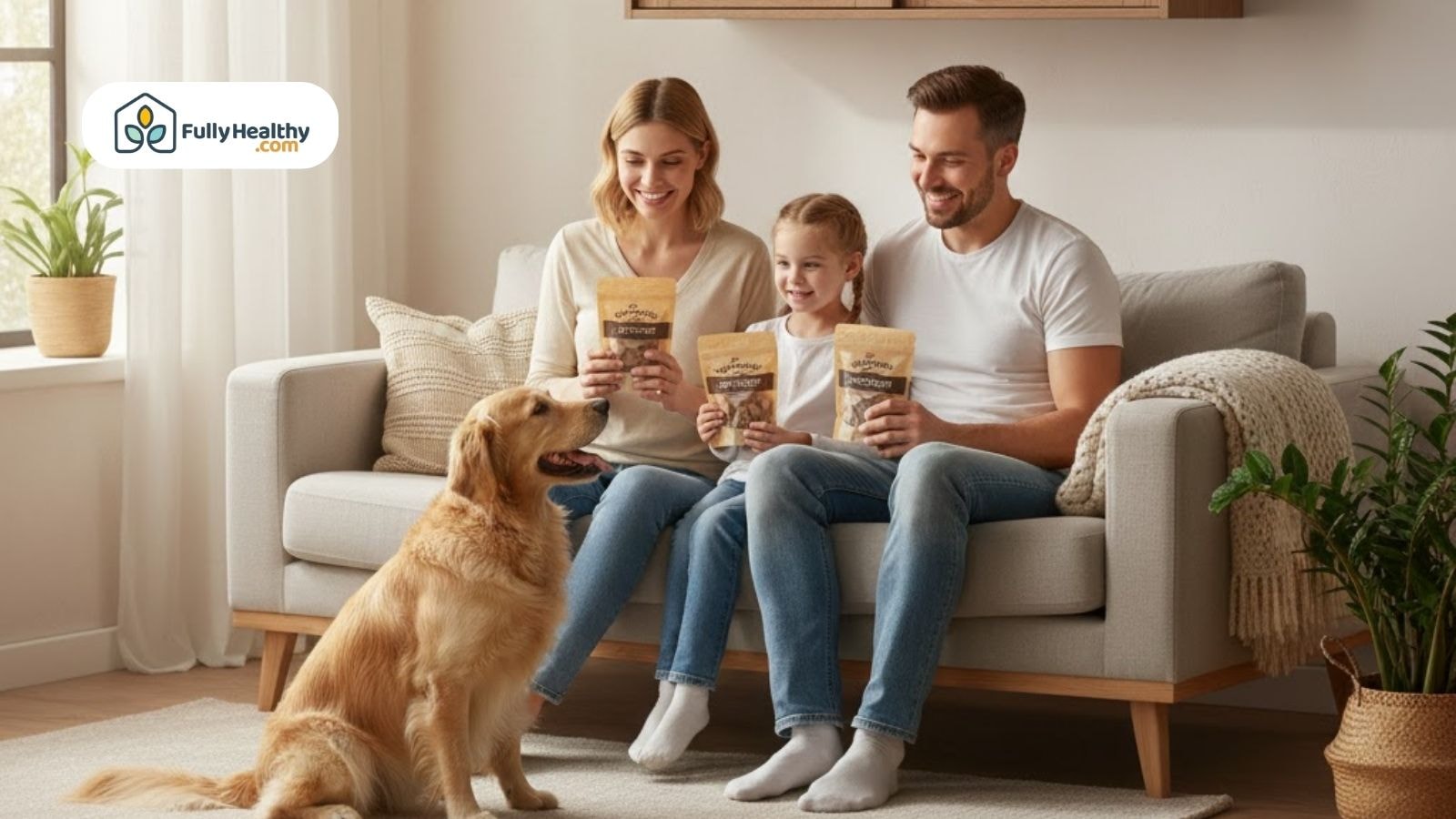 Family holding safe dog treats while smiling at golden retriever