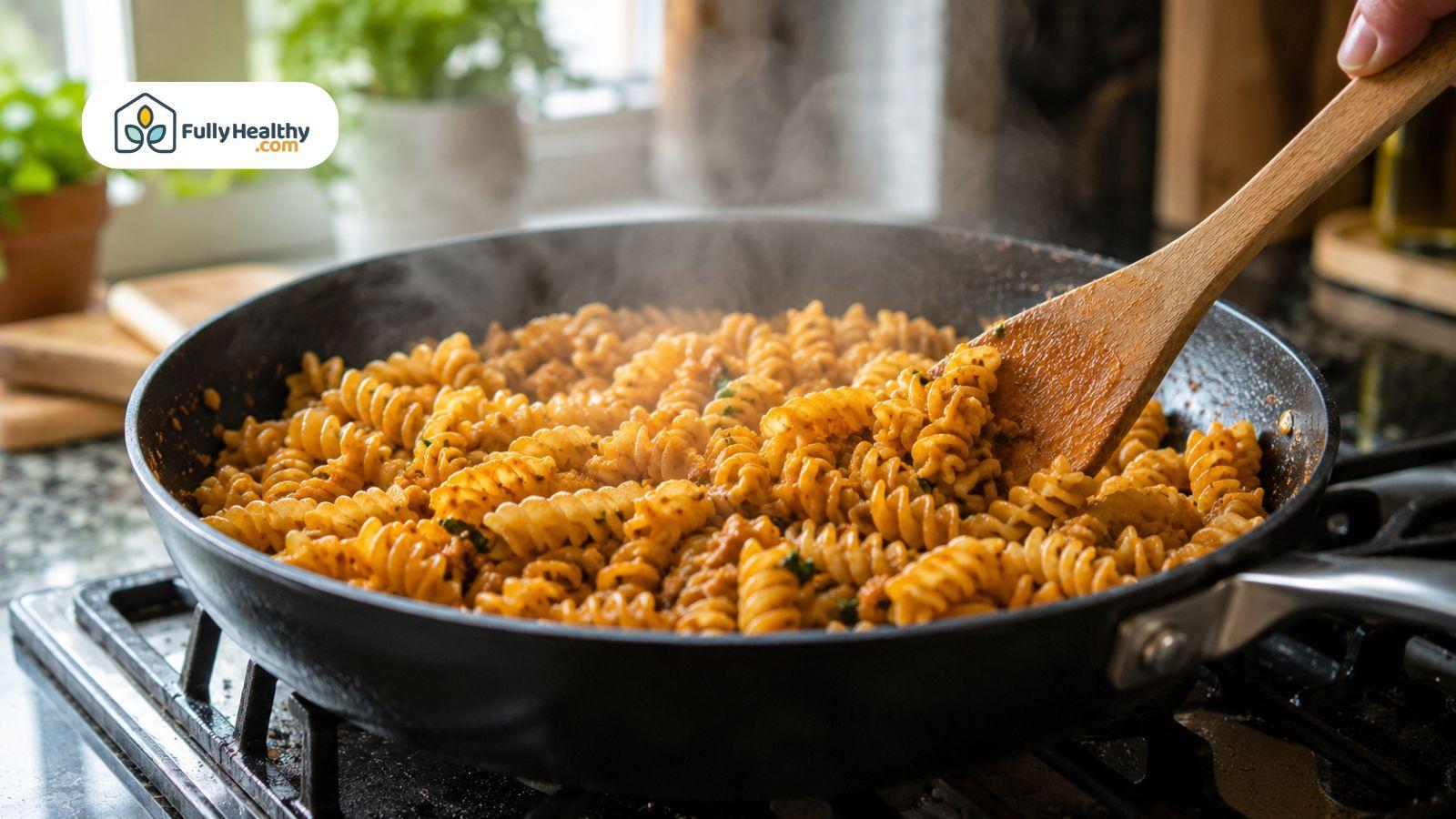 Reheating refrigerated fusilli pasta in skillet with gentle steam and wooden spatula.