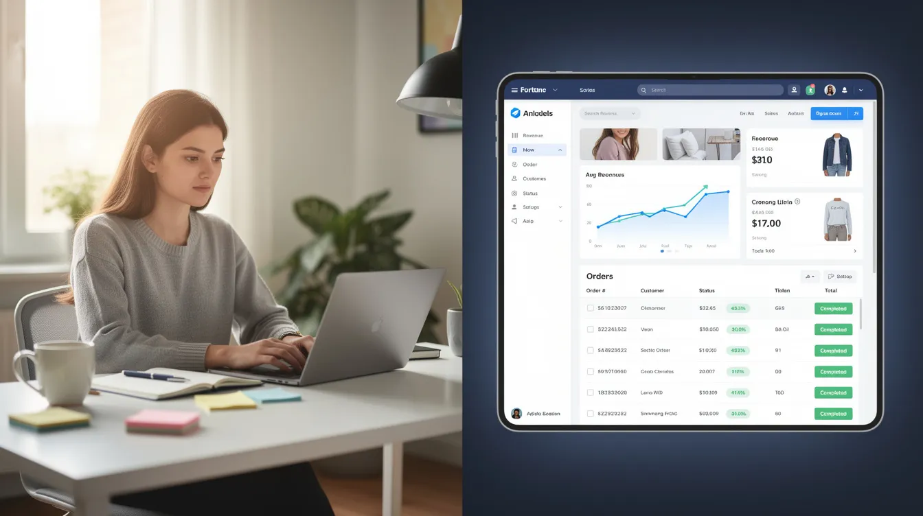 The image features a split-screen design, with a content writer focused on creating engaging material on one side, while the other side displays an ecommerce dashboard showcasing various orders and metrics relevant to an online store. This visual highlights the connection between content marketing and managing an ecommerce business, essential for both affiliate marketing and dropshipping strategies.