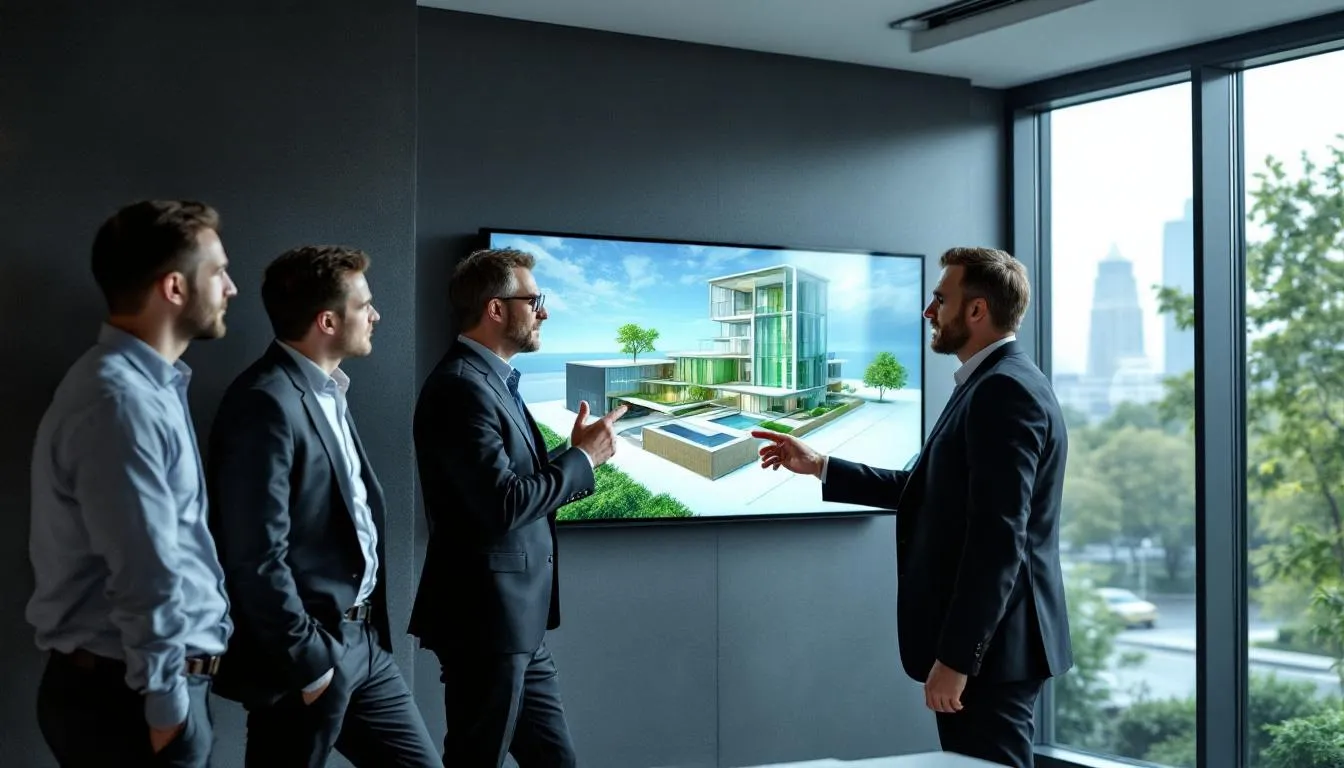 An architect discussing plans with clients for a design build project.