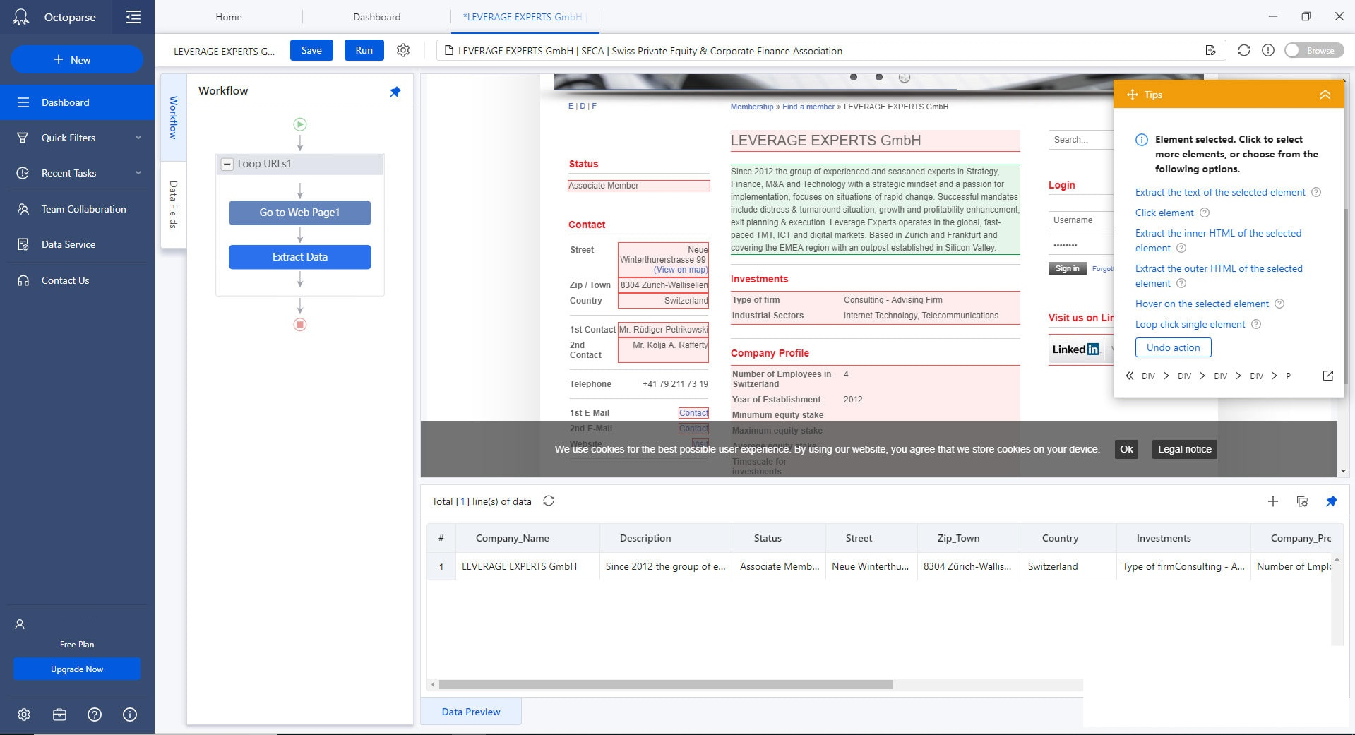 Octoparse web data extraction interface