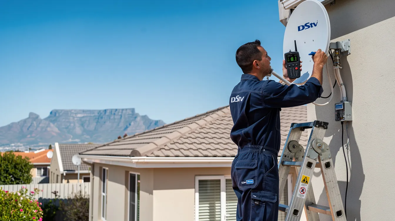A repair technician is adjusting the alignment of a satellite dish in Cape Town to resolve DStv signal problems, ensuring the signal strength is optimal for clear channels. The technician is equipped with tools to test the satellite signal and address any issues related to the decoder setup or faulty connections.