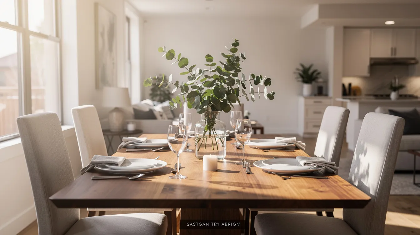 The image features a beautifully set dining table in a staged Denver home, showcasing a simple centerpiece of fresh flowers and surrounded by natural light streaming through large windows. This inviting dining room is designed to appeal to potential buyers, highlighting the home's move-in ready condition and enhancing its overall charm for the real estate market.