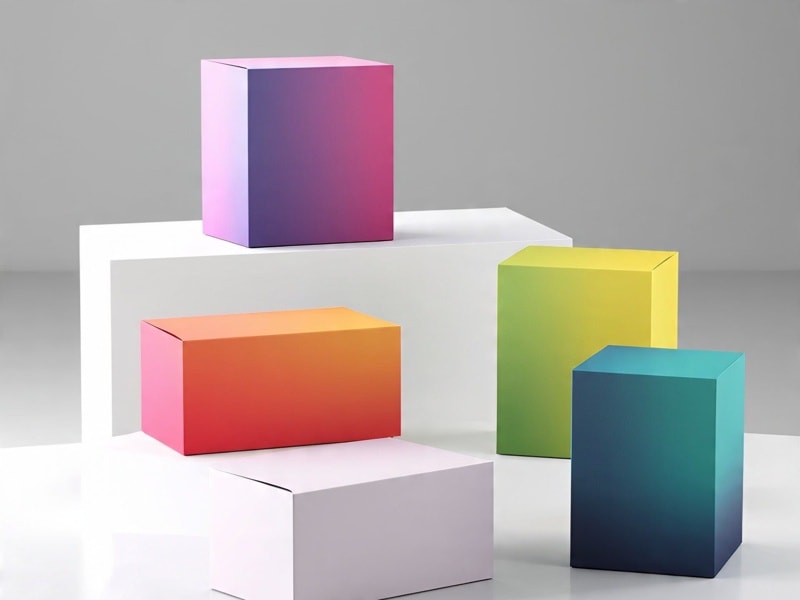 An image of bright gradient colored boxes placed on white display blocks.