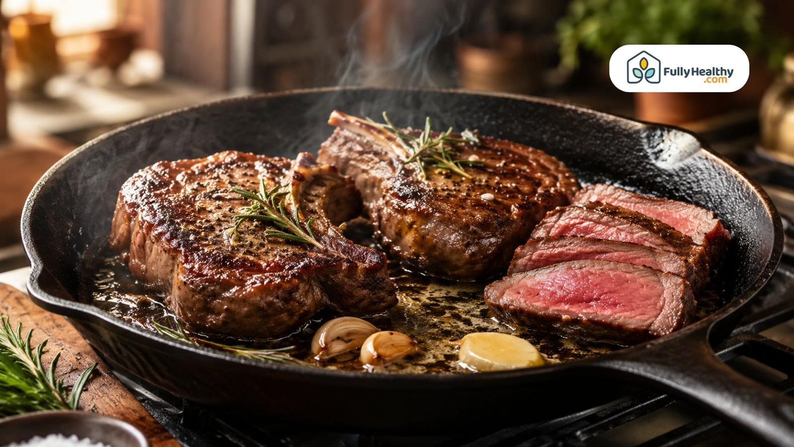 Lamb steaks searing in cast iron pan with rosemary and garlic