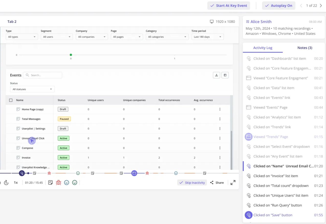 Session replays in Userpilot. 