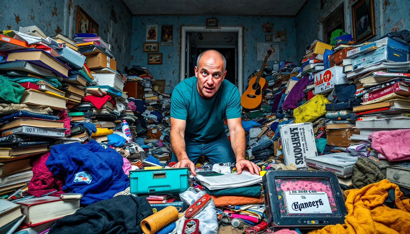 A person systematically sorting through clutter in a hoarder's house.