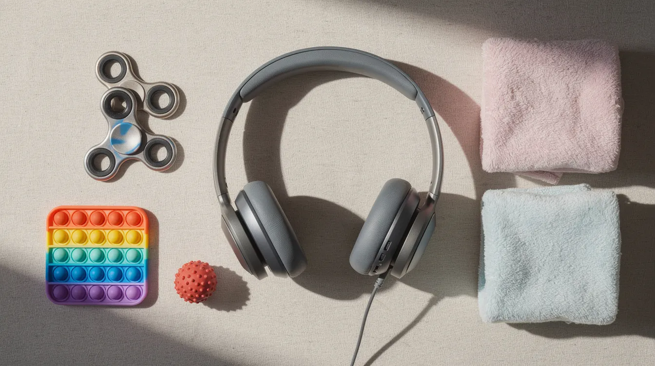 The image features a collection of sensory items, including colorful fidget toys, soft fabric, and headphones, which can be beneficial for neurodivergent girls managing anxiety and depression symptoms. These items provide comfort and support, addressing the unique sensory sensitivities often experienced by many neurodivergent women.