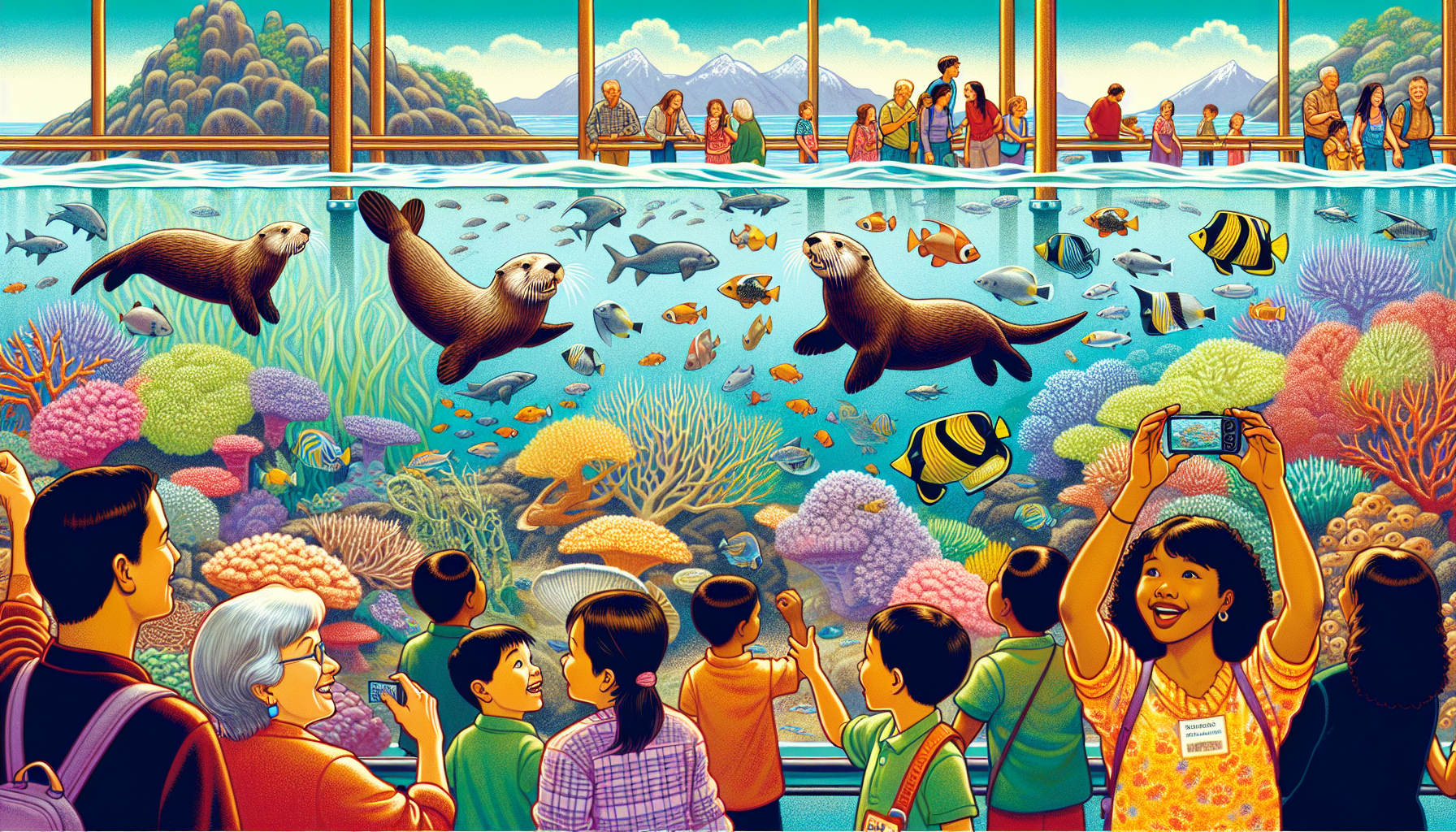 A fun depiction of the Aquarium of the Pacific highlighting playful marine life.