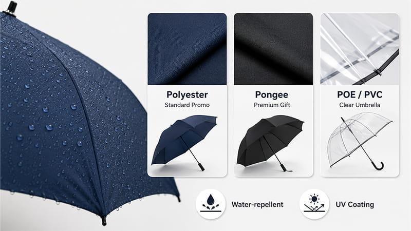 Umbrella canopy fabric comparison showing polyester, pongee, PVC, water-repellent coating, and UV coating