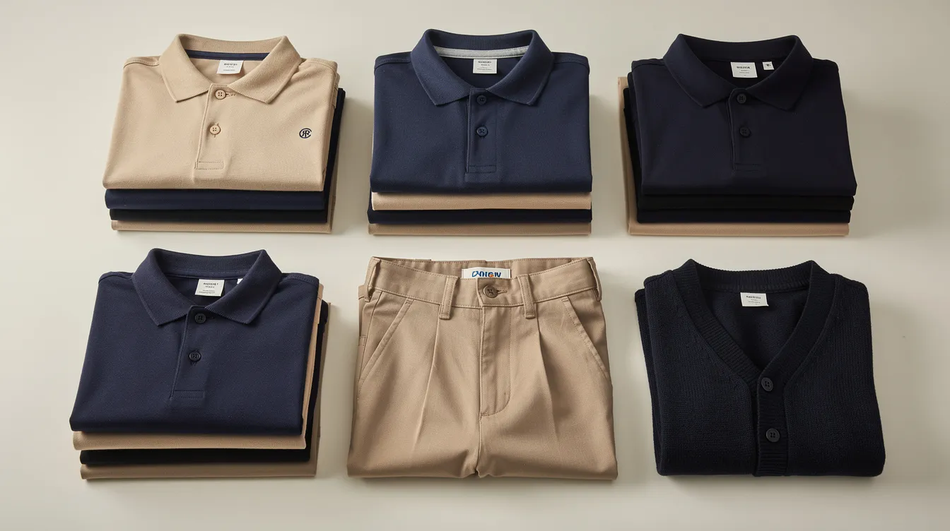 The image features neatly folded school uniform pieces, including navy and khaki polos, pants, and a cardigan, ideal for students of all ages. These polished styles are perfect for families looking to create a comfortable and stylish wardrobe for their kids.
