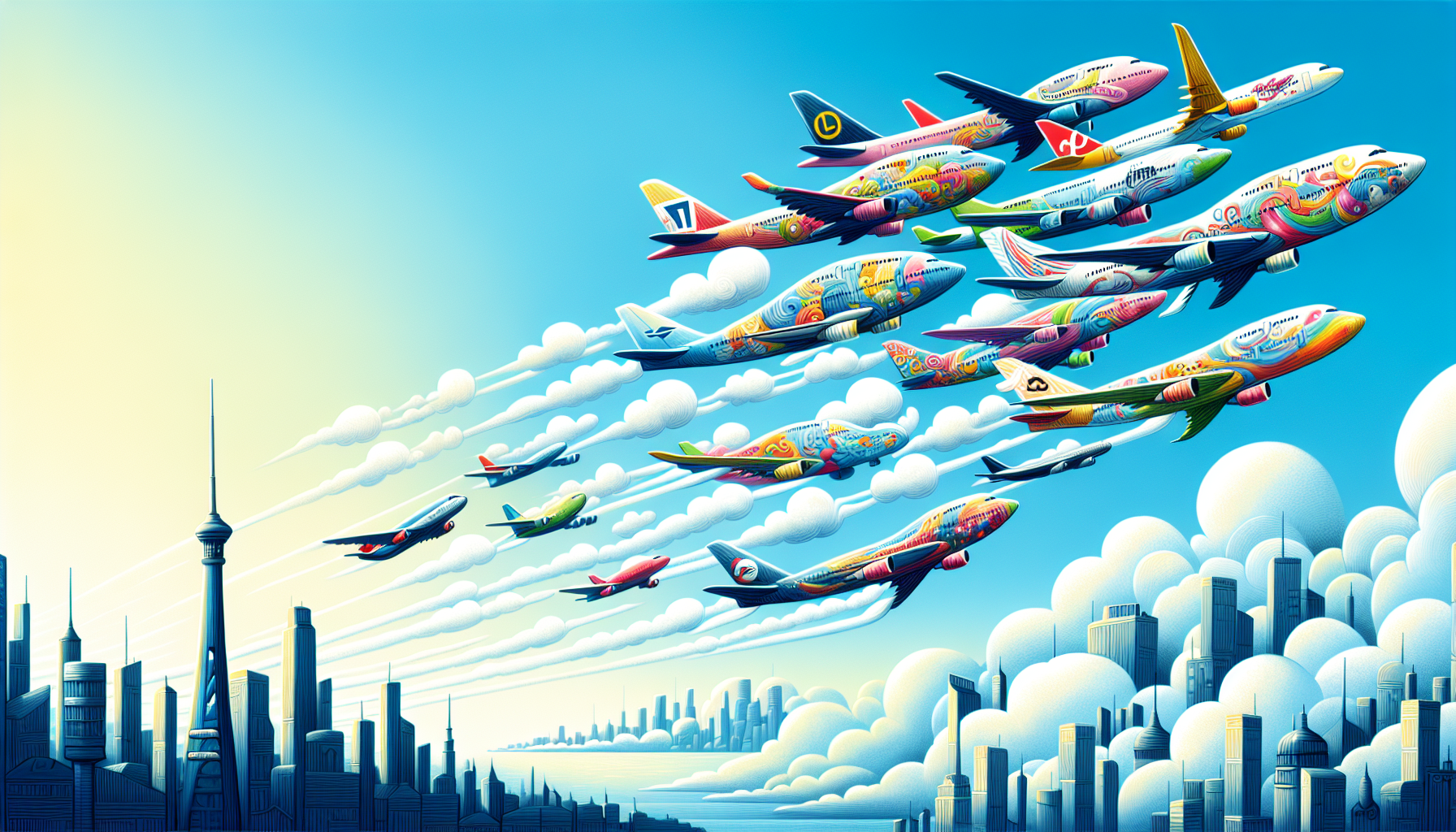 A cartoon representation of popular airlines flying from Los Angeles to Atlanta.