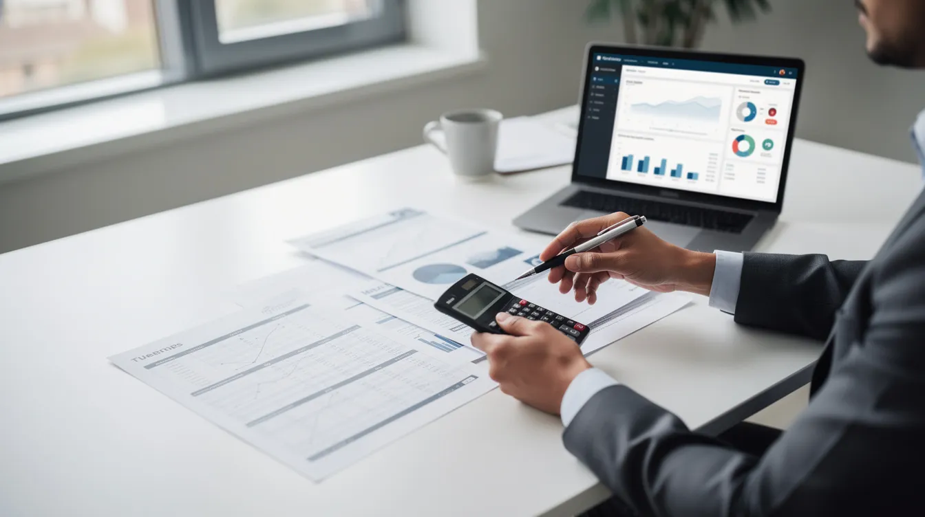 A person is seated at a desk, intently reviewing financial documents with a calculator and laptop in front of them. The scene suggests a focus on investment planning, possibly involving gold IRA companies and precious metals investing for retirement savings.