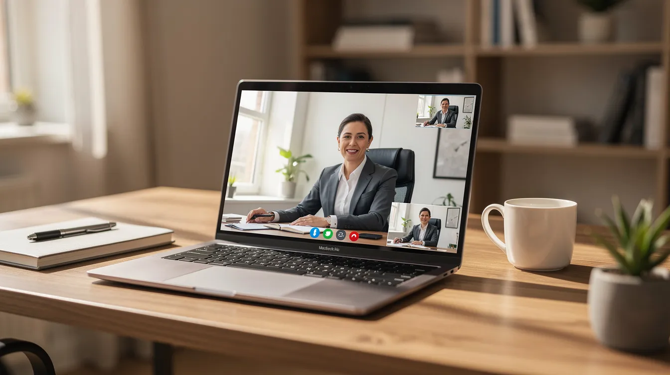 The image shows two professionals engaged in a video consultation on a laptop screen, set in a cozy home office environment. This scene reflects the growing trend of remote work, which is especially relevant for those considering the Spain digital nomad visa and navigating the complexities of Spanish immigration regulations.