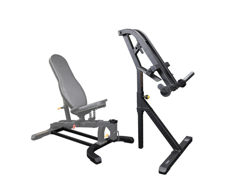 An image showing Powertec Workbench attachments for leg workouts.