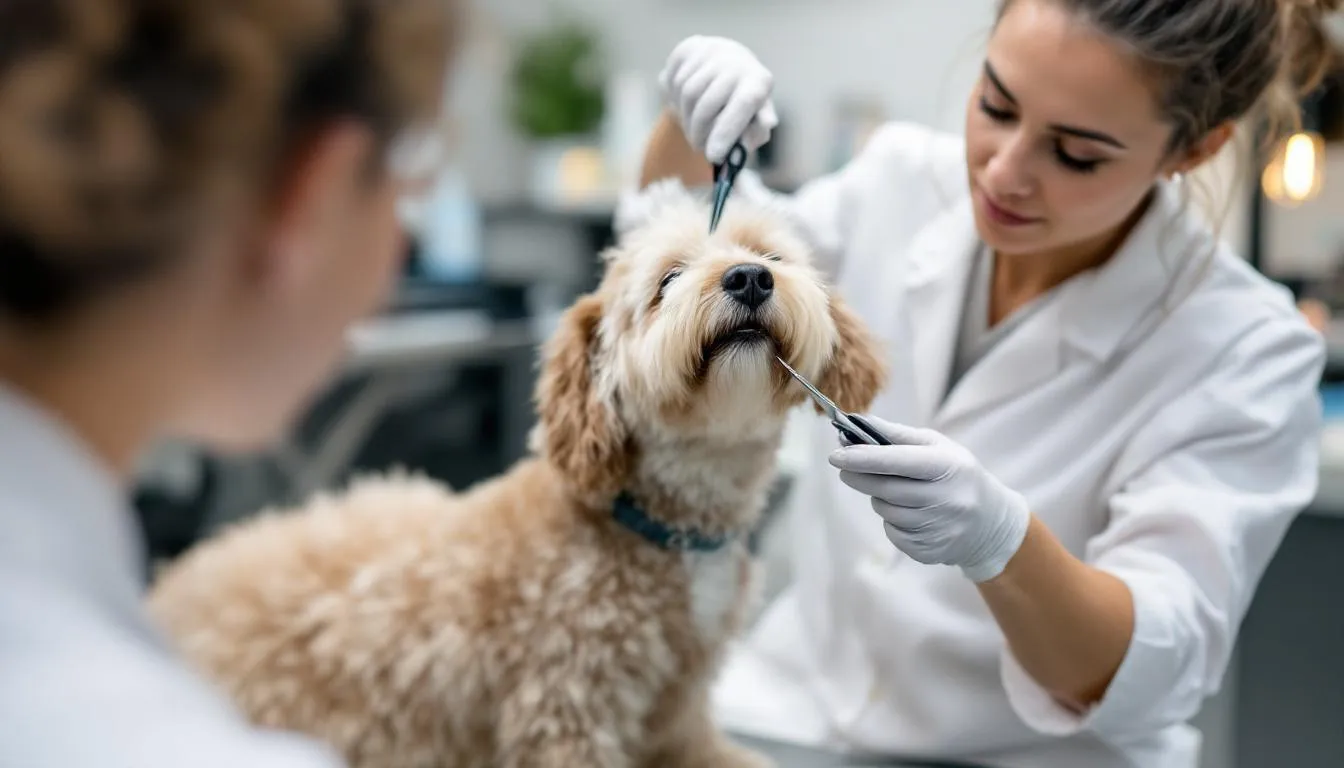 A professional groomer is carefully shaping a goldendoodle