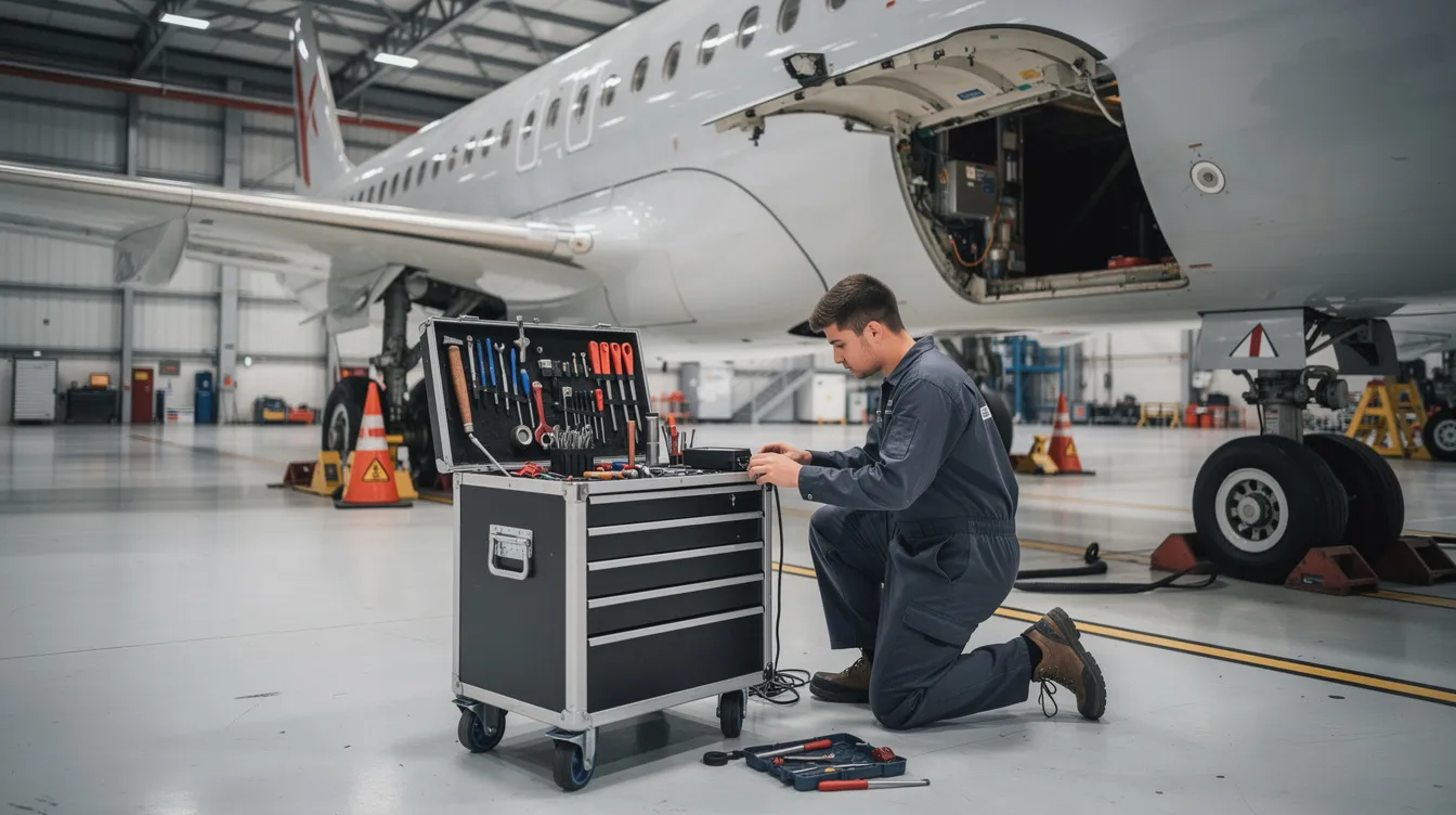 An aviation apprentice is seen using tools next to an aircraft in a hangar, engaged in hands-on training as part of their apprenticeship program. This on-the-job training allows them to gain valuable skills and experience essential for a successful career as an aviation maintenance technician.